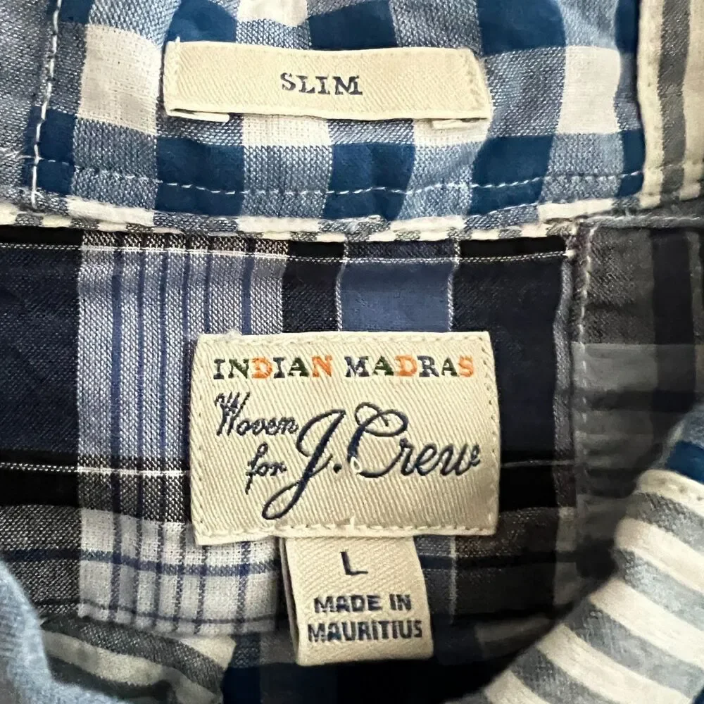 J.Crew Mens Shirt L Slim Madras Plaid Patchwork Button Down Cotton